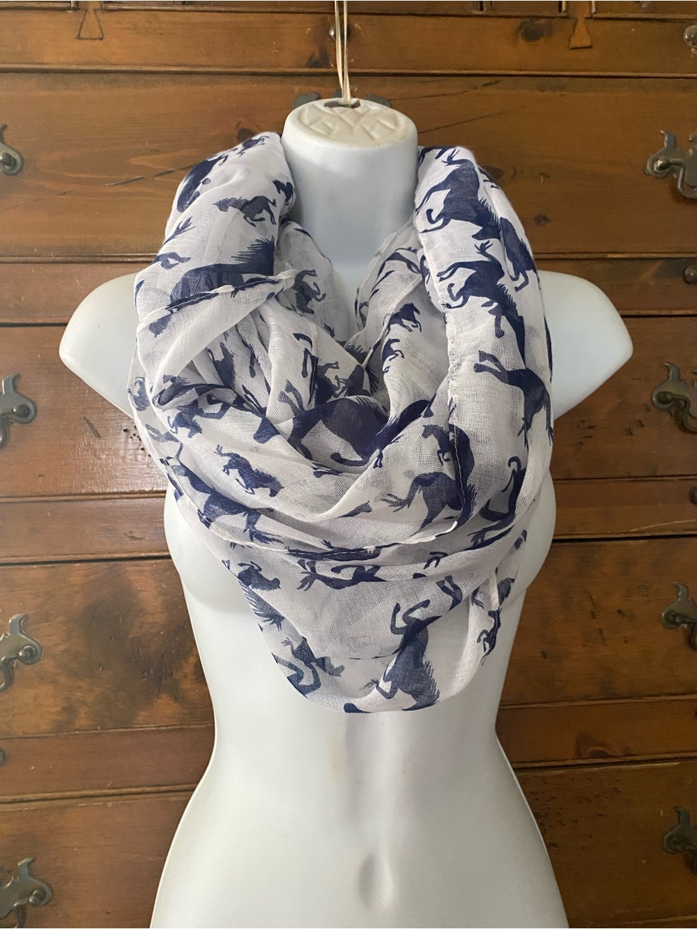 Lightweight White Infinity Scarf with Navy Horse Print NNTS